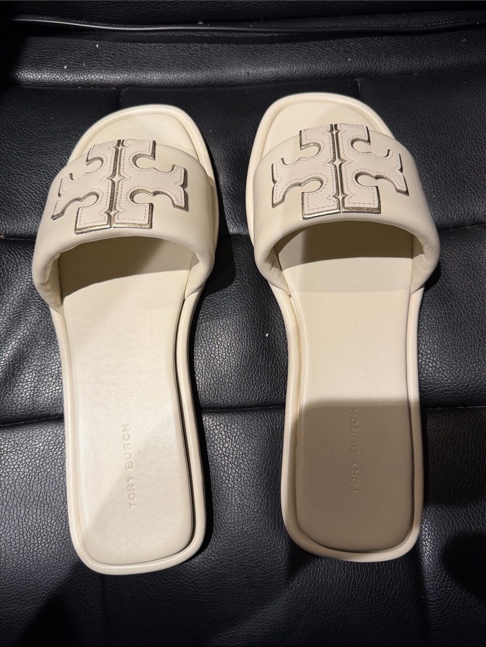 Tory Burch Cream Leather Logo Slide Sandals
